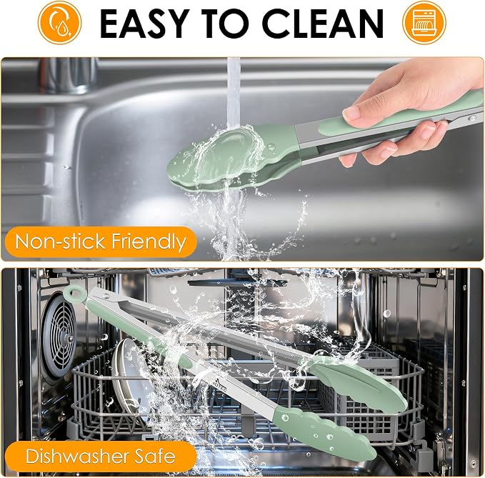 Hotec Premium Stainless Steel Locking Kitchen Tongs with Silicon Tips, Set of 2-9" and 12" Light Green