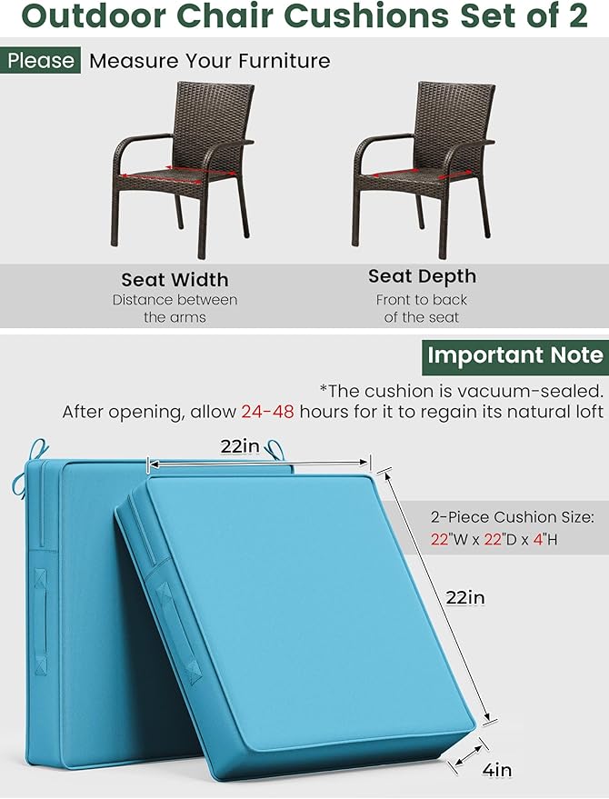 Outdoor Chair Cushion 22 x 22 x 4 Inches Patio Furniture Outdoor Waterproof Seat Cushion, Patio Chair Cushion with Handles and Ties, Square Dining Chair Cushion Set of 4, Lake Blue