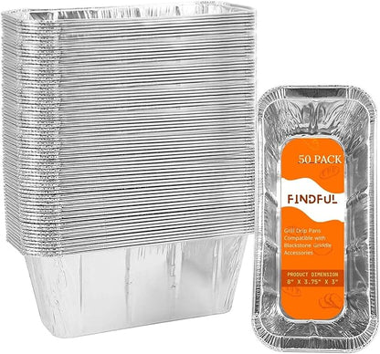 Findful 50-Pack Drip Pans Liners for Blackstone Griddle Accessories, Aluminum Foil Pan Disposable for 17" 22" 28" 36" Blackstone Griddle Drip Tray Holder Grill Rear Grease Catcher Cup
