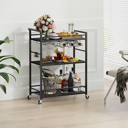 3 Tier Bar Cart, Small Beverage Cart, Mini Bar Cart with Wine Rack, Home Bar Serving Cart with Wheels for Kitchen Dining Living Room (Black, General) GBC507B