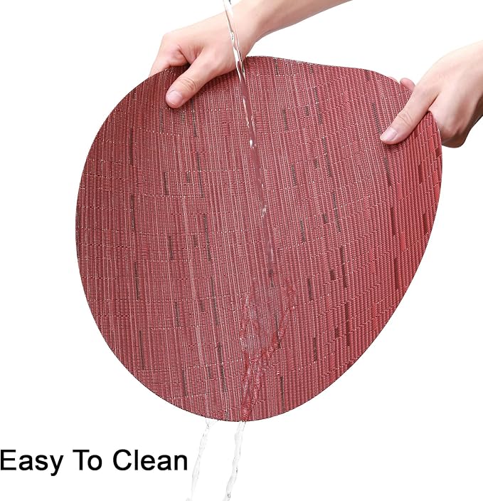15 Inch Round Placemats Set of 4, Washable Vinyl Woven Place Mats | Heat Resistant Non-Slip Braided Table Mats for Dining Table Kitchen Indoor & Outdoor Use (Red, Set of 4)