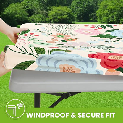 Smiry Spandex Fitted Tablecloth for 8 Foot Rectangle Tables, Washable Picnic Table Cover with Elastic, Stretch Reusable Table Cloth for Outdoor, Camping, Dining & Kitchen (Beige Flower, 30"x96")