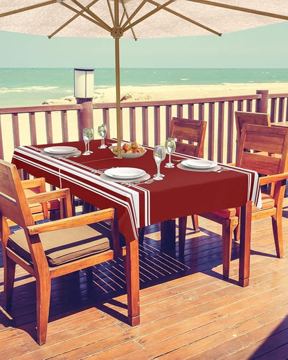 QueenKer Outdoor Tablecloth with Umbrella Hole, Farmhouse Wine Red White Stripe Rectangle Tables Waterproof Tabletop Collection for Patio, Garden, Picnic, Camping, Dining 52 x 70 inch