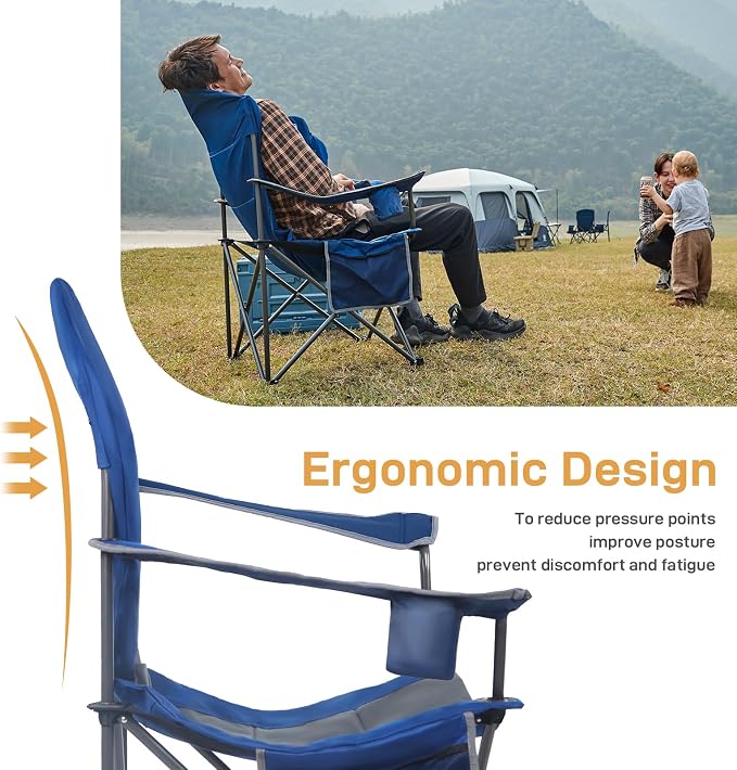 EVER ADVANCED High Back Folding Camping Chair Oversized and Fully Padded, Portable Quad Camp Lawn Chair Up to 300 lbs, with Cup Holder Armrest Carrying Bag