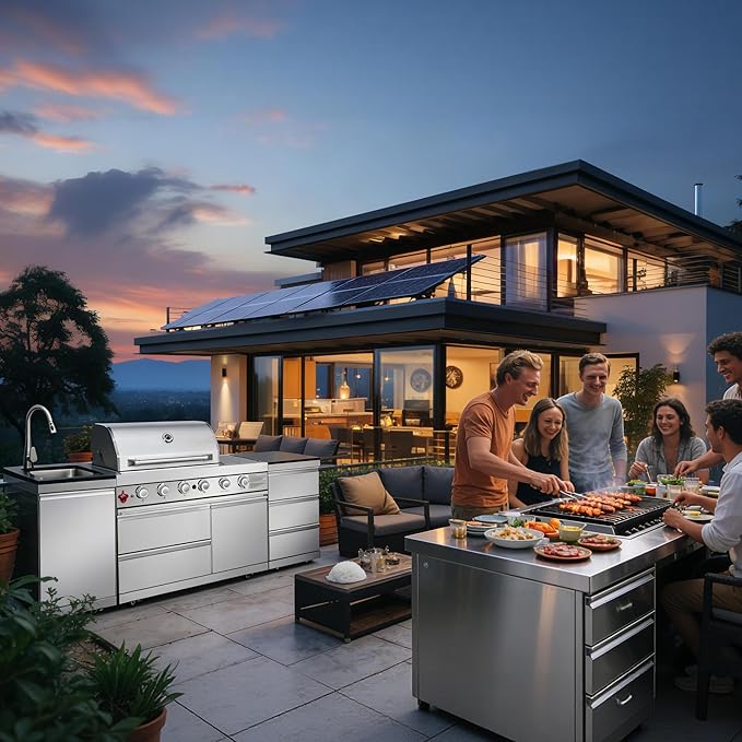 83" Outdoor Kitchen Island, 4+1 Burner Modular Kitchen with Grill Station Cabinetry,304 StainlessGranite, Sink, BBQ Set for Patios & Backyards (Stainless, 83 IN)
