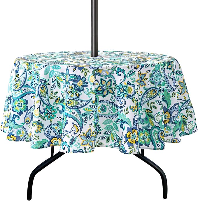 Lamberia 60" Round Patio Tablecloth with Umbrella Hole and Zipper, Waterproof Outdoor Table Cover for Patio, Backyard, BBQ, Picnic & Indoor Dining, Washable Polyester Circular Tablecloth
