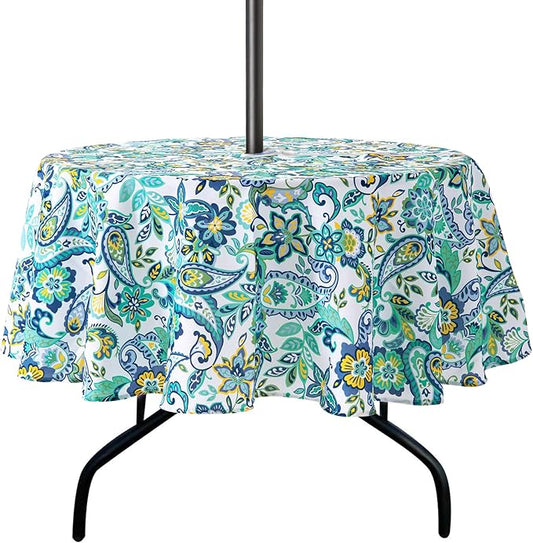 Lamberia 60" Round Patio Tablecloth with Umbrella Hole and Zipper, Waterproof Outdoor Table Cover for Patio, Backyard, BBQ, Picnic & Indoor Dining, Washable Polyester Circular Tablecloth