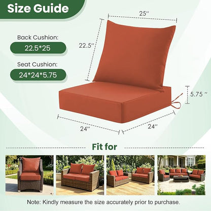 Patio Cushions for Outdoor Furniture, 24x24 Outdoor Couch Cushions, Waterproof & Fade-Resistant Patio Chair Cushions with Removable Cover, Replacement Outdoor Deep Seat Cushion, Spice (Set of 2)