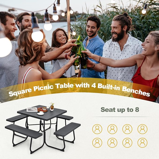 Tangkula 8 Person Picnic Table, Outdoor Square Picnic Table with 4 Built-in Benches, Umbrella Hole, Metal Frame & HDPE Tabletop, Outside Table and Bench Set for Backyard, 2300lbs Weight Capacity