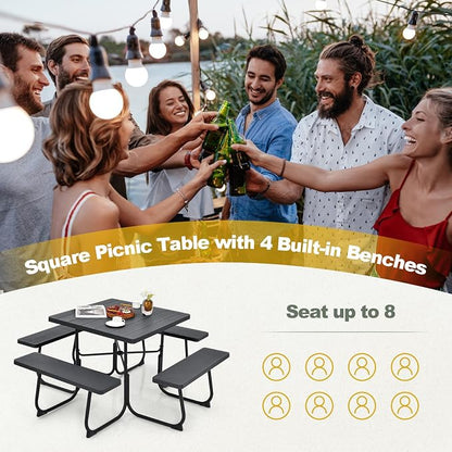 Tangkula 8 Person Picnic Table, Outdoor Square Picnic Table with 4 Built-in Benches, Umbrella Hole, Metal Frame & HDPE Tabletop, Outside Table and Bench Set for Backyard, 2300lbs Weight Capacity