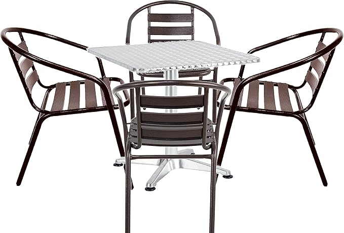 BTEXPERT Lightweight Indoor Outdoor 23.75" Restaurant Stainless Steel Metal Aluminum Slat Stack Commercial, 4 Chairs with a Square Table, Silver/Bronze