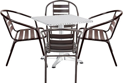 BTEXPERT Lightweight Indoor Outdoor 23.75" Restaurant Stainless Steel Metal Aluminum Slat Stack Commercial, 4 Chairs with a Square Table, Silver/Bronze