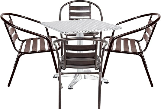 BTEXPERT Lightweight Indoor Outdoor 23.75" Restaurant Stainless Steel Metal Aluminum Slat Stack Commercial, 4 Chairs with a Square Table, Silver/Bronze