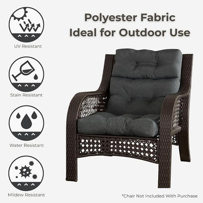 Outdoor Tufted High-Back Chair Cushions, One-Piece Hinged Seat and Back Design, Reversible with 4 Ties, Durable Polyester Fabric, Recycled Fiber Fill - Set of 2, Carbon