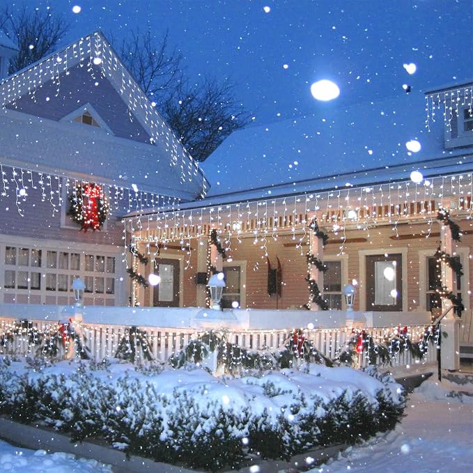 YEGUO 33ft 400 LED Icicle Lights Outdoor, 80 Drops Icicle Christmas Lights Connectable, 8 Modes White Icicle String Lights with Timer Memory Indoor