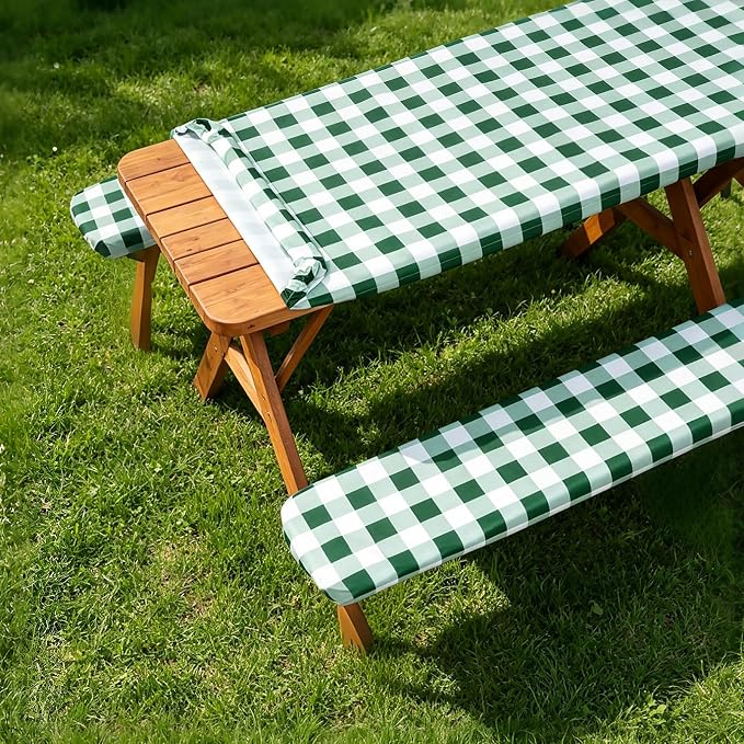 Poise3EHome Picnic Table Cover with Bench Covers, 6 Foot Fitted Elastic Tablecloth Set, Heavy Duty Polyester with TPU Waterproof Backing, Washable Outdoor Picnic Set for Camping,RV & Park(Green&White)