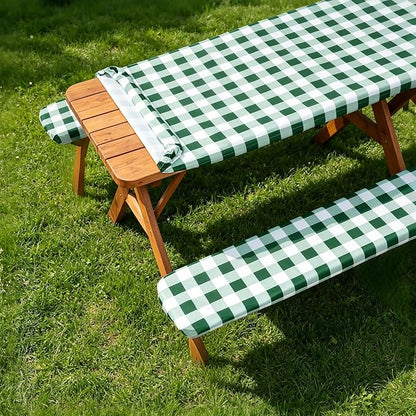 Poise3EHome Picnic Table Cover with Bench Covers, 6 Foot Fitted Elastic Tablecloth Set, Heavy Duty Polyester with TPU Waterproof Backing, Washable Outdoor Picnic Set for Camping,RV & Park(Green&White)