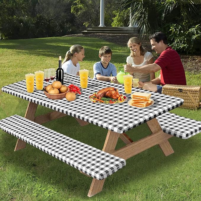 OutdoorLines Vinyl Fitted Picnic Table Cover with Bench Covers | Elastic Waterproof Camping Tablecloth for Picnic Table (Checkered Black, 72x30 Inch, 3 Pcs)