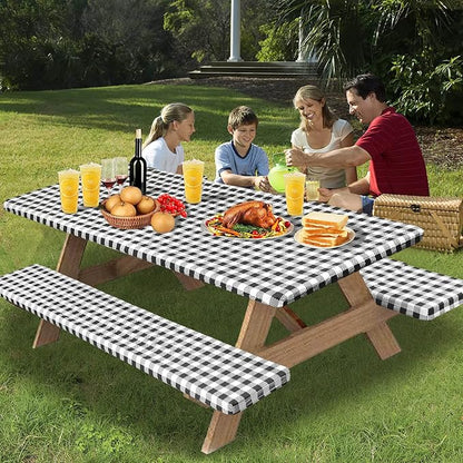 OutdoorLines Vinyl Fitted Picnic Table Cover with Bench Covers | Elastic Waterproof Camping Tablecloth for Picnic Table (Checkered Black, 72x30 Inch, 3 Pcs)