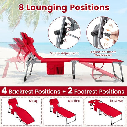Goplus Tanning Chair, Folding Adjustable Patio Lounger w/Face Arm Holes, 4-Position, 330 LBS, Removable Cushion,Carry Strap, Outdoor Sunbathing Chair, Lightweight Portable Beach Lounge Chair (2, Red)