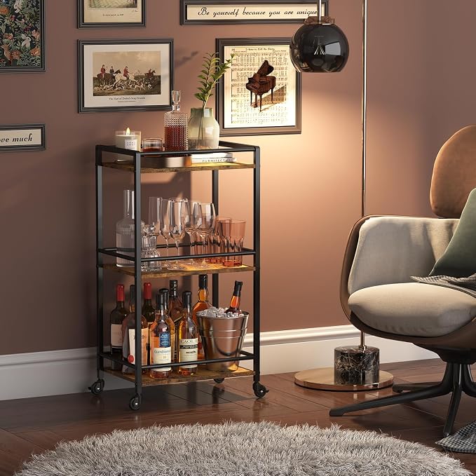 Lifewit Mini 3 Tier Rolling Bar Cart with Lockable Wheels, Rustic Brown | Drink serving liquor utility cart for dining living room, compact size 17 x 11.8 x 32.1 inch, mobile wine storage trolley