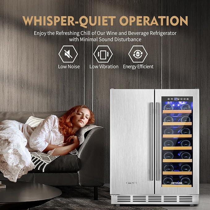 ORYMUSE Wine and Beverage Refrigerator Dual Zone, 24" Undercounter Beverage Fridge for Soda, Water and Beer, Built-in/Freestanding, Holds 20 Bottles & 88 Cans, Stainless Steel