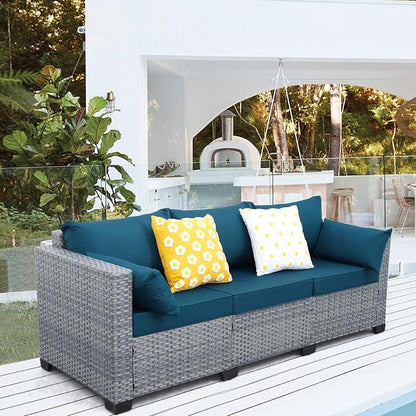 Lviden Outdoor Couch 3-seat Patio Sofa Outdoor Furniture Deep Seat High Backrest Patio Couch with Non-Slip Cushions and Waterproof Cover, Peacock Blue
