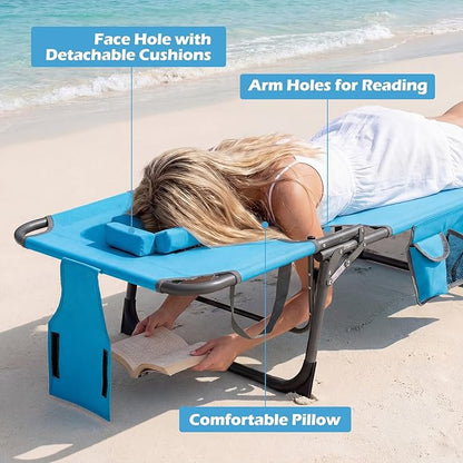Goplus Tanning Chair, Folding Beach Lounge Chair with Face &Arm Hole, Position Adjustable,Removable Pillow,Side Pocket, Sunbathing Chair, Portable Outdoor Lounge Chair for Patio Pool