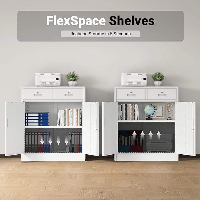 CJF Pantry Cabinet with 2 Drawer, Metal Pantry Storage Cabinets with Doors and 2 Adjustable Shelves, 36" H Locking Cabinet for Kitchen Storage, Home, Garage, Utility Room and Basement, White