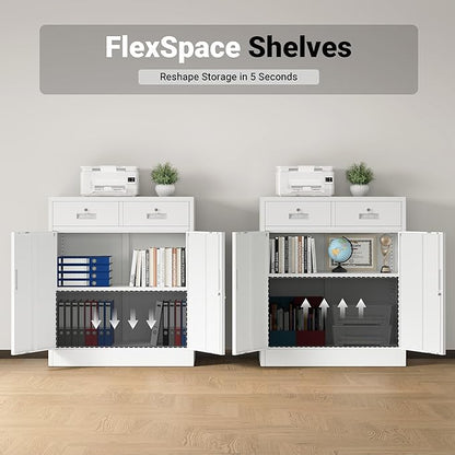 CJF Pantry Cabinet with 2 Drawer, Metal Pantry Storage Cabinets with Doors and 2 Adjustable Shelves, 36" H Locking Cabinet for Kitchen Storage, Home, Garage, Utility Room and Basement, White