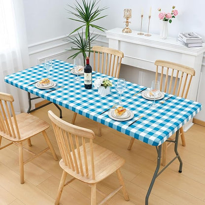 Smiry Rectangle Picnic Table Cloth, Elastic Waterproof Fitted Vinyl Tablecloths, Flannel Backed Buffalo Plaid Table Covers for Dining, Camping, Outdoor (White and Turquoise, 30" x 48")