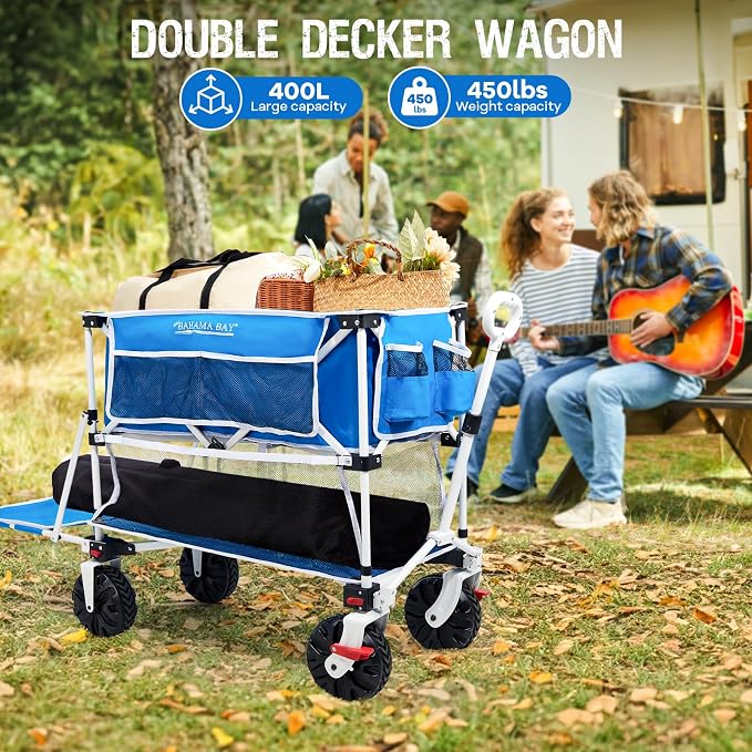 400L Collapsible Double Decker Beach Wagon with Brakes, Folding Beach Cart with 54" Extra Long Decker, 450LBS Heavy Duty Wagon Chart with All-Terrain Big Wheels for Sand Camping Garden