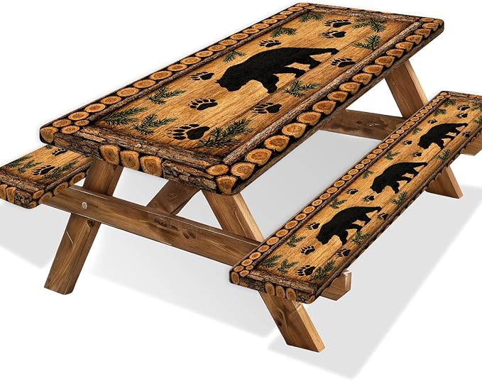 Forest Theme Picnic Table Cover with Bench Covers 6FT, Camping Essentials, Wood Grain Bear Waterproof Windproof Oilproof, Fitted Tablecloth Cover with Elastic Edge for Outdoor Garden 3 PCS 30x72 Inch