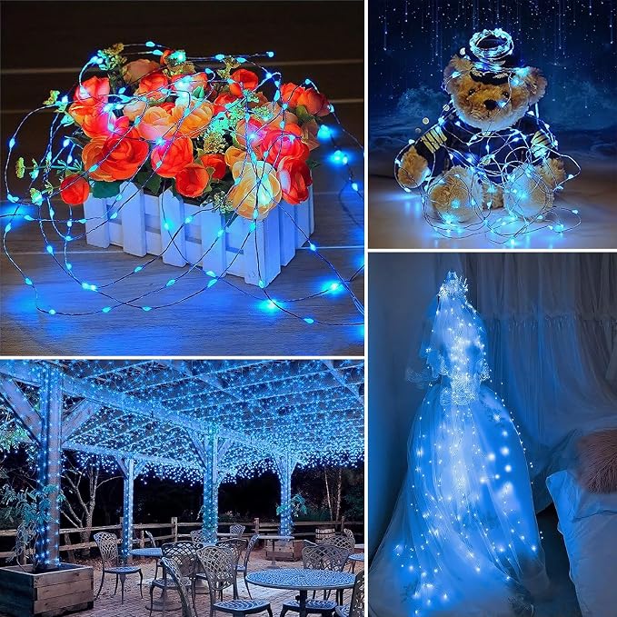 Solar String Lights Outdoor Waterproof 33ft 100LED 8 Modes Twinkle Lights Solar Fairy Lights for Patio, Garden Yard Party Wedding Tree Christmas Halloween Decoration, Blue