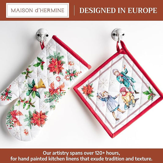 Maison d' Hermine 100% Cotton Oven Mitt & Pot Holder Set (7.5"x13" & 8"x8") Heat Resistant BBQ Cooking Gloves with Loop for Thanksgiving Christmas Decorations Handling Hot Pans (Chromo)