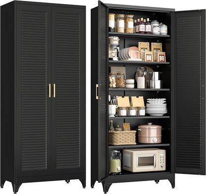 Polup 75" Metal Storage Cabinet with Doors and Shelves, Black Kitchen Pantry Cabinet, 6-Tier Freestanding Tall Storage Cabinet for Garage, Office, Bathroom, Laundry Room, Dining Room