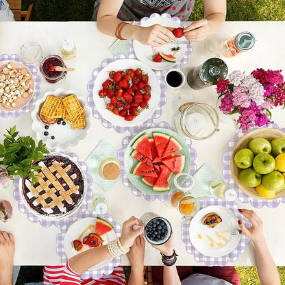 100 Pcs Checkered Paper Placemats Purple Gingham Place Mats 13.5 Inch Disposable Round Decorative Dining Table Mat with Scalloped Edge Paper Cutouts Decor for Wedding Baby Shower Party Supplies