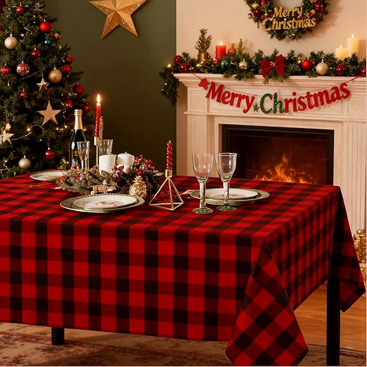 B-COOL Christmas Tablecloths Plaid Tablecloth Farmhouse Buffalo Checkered Table Cover for Christmas Thanksgiving Day Halloween Party Decorations (Black and Red Checkered, 56x84 inch)