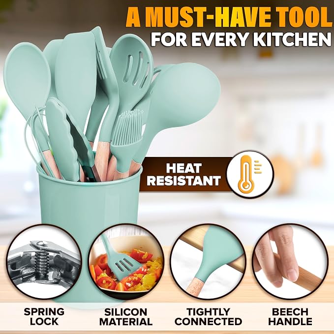 12Pcs Mint Green Kitchen Accessories with Holder for Nonstick Pans | Silicone Cooking Utensils Set for BBQ; Heat-Resistant Tools with Wooden Handles for Baking, Serving, Frying, and Mixing