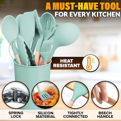 12Pcs Mint Green Kitchen Accessories with Holder for Nonstick Pans | Silicone Cooking Utensils Set for BBQ; Heat-Resistant Tools with Wooden Handles for Baking, Serving, Frying, and Mixing