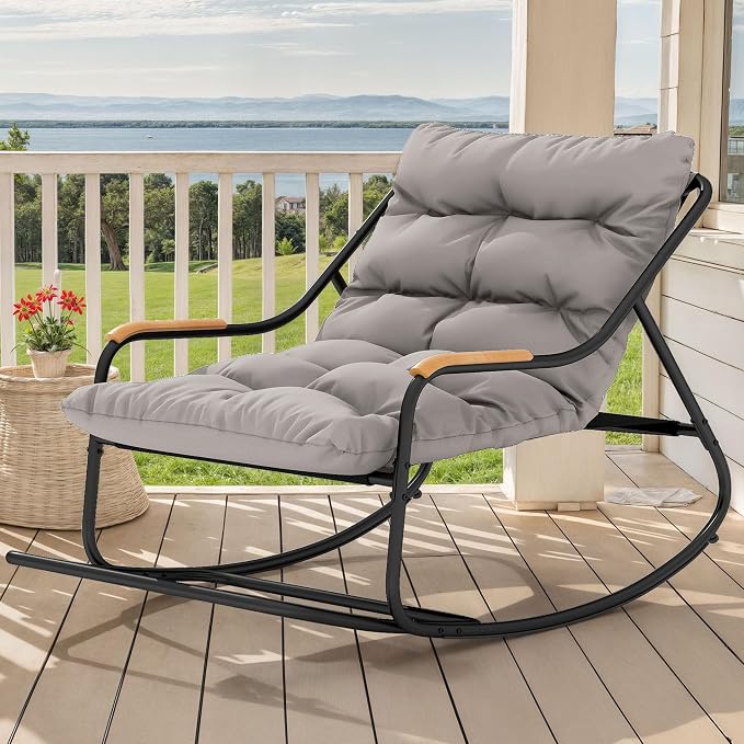DWVO Oversized Rocking Chair, Textilene Patio Rocking Chair w/2.8" Thick Cushion & Teak Armrests, All-Weather Patio Lounge Chair for Backyard, Lawn, Garden, Black