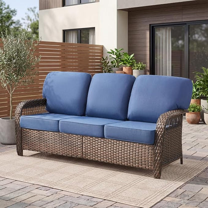 Belord Luxury Outdoor High Back Couch, All-Weather Wicker 3-Seater Sofa, Wicker Patio Furniture for Deck Porch Garden,Blue