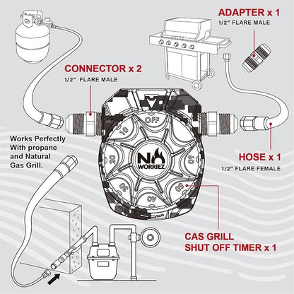 NO WORRIEZ Safety Auto Shut-Off Gas Timer for Propane & Natural Gas | Outdoor Grill, Fire Pit, Pizza Oven | – 100,000 BTU w/ 1/2" Flared Connector & Hose & Flare Male Adapter, Patent Pending | 100,000 BTU, Fits Outdoor Grill, Fire Pit, Pizza Oven, BBQ,...