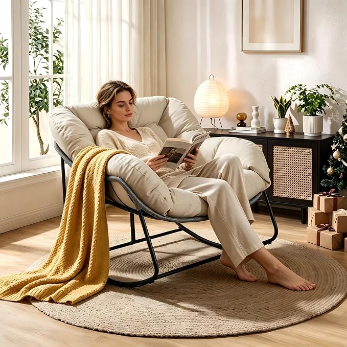 Bifanuo Oversized Egg Rocking Chair for Indoor Outdoor – All-Weather Wicker Rattan Lounge Chair with Cushion Patio Rocker for Porch Garden or Balcony (Beige)