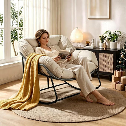 Bifanuo Oversized Egg Rocking Chair for Indoor Outdoor – All-Weather Wicker Rattan Lounge Chair with Cushion Patio Rocker for Porch Garden or Balcony (Beige)