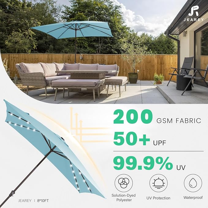JEAREY 8x10' Rectangle LED Lighted Umbrella Patio Umbrella Outdoor w/Crank | Solar Market Umbrellas with 8 Sturdy Ribs, UV Protection Waterproof Sunproof for Pool, Deck, Backyard(Lake Blue)