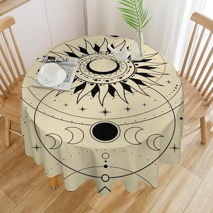 Vintage Tarot Moon Sun Round Tablecloth Moon Phase Star Galaxy Space Esoteric Astrology Table Cloth Water Resistant Wipeable Table Cover for Farmhouse Picnic Party Holiday Kitchen Dinner Table 60"