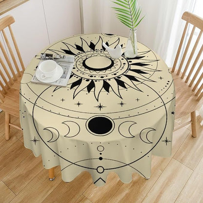 Vintage Tarot Moon Sun Round Tablecloth Moon Phase Star Galaxy Space Esoteric Astrology Table Cloth Water Resistant Wipeable Table Cover for Farmhouse Picnic Party Holiday Kitchen Dinner Table 36"