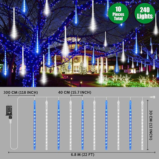 LAMPHOME Christmas Lights Outdoor,12-inch LED Meteor Shower Icicle Lights, 10 Tubes 240 LED String Lights. Waterproof Plug, Shower Rain for Xmas Tree Yard House Decor Blue&Cool White