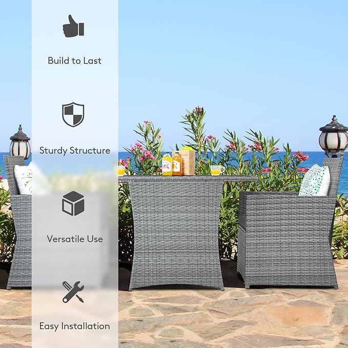 DORTALA Wicker Outdoor Bistro Set 3 Piece, Patio Furniture Set for Small Space with Table & Dining Chairs, Rattan Conversation Sofa Set for Balcony, Porch, Backyard, Deck, Grey